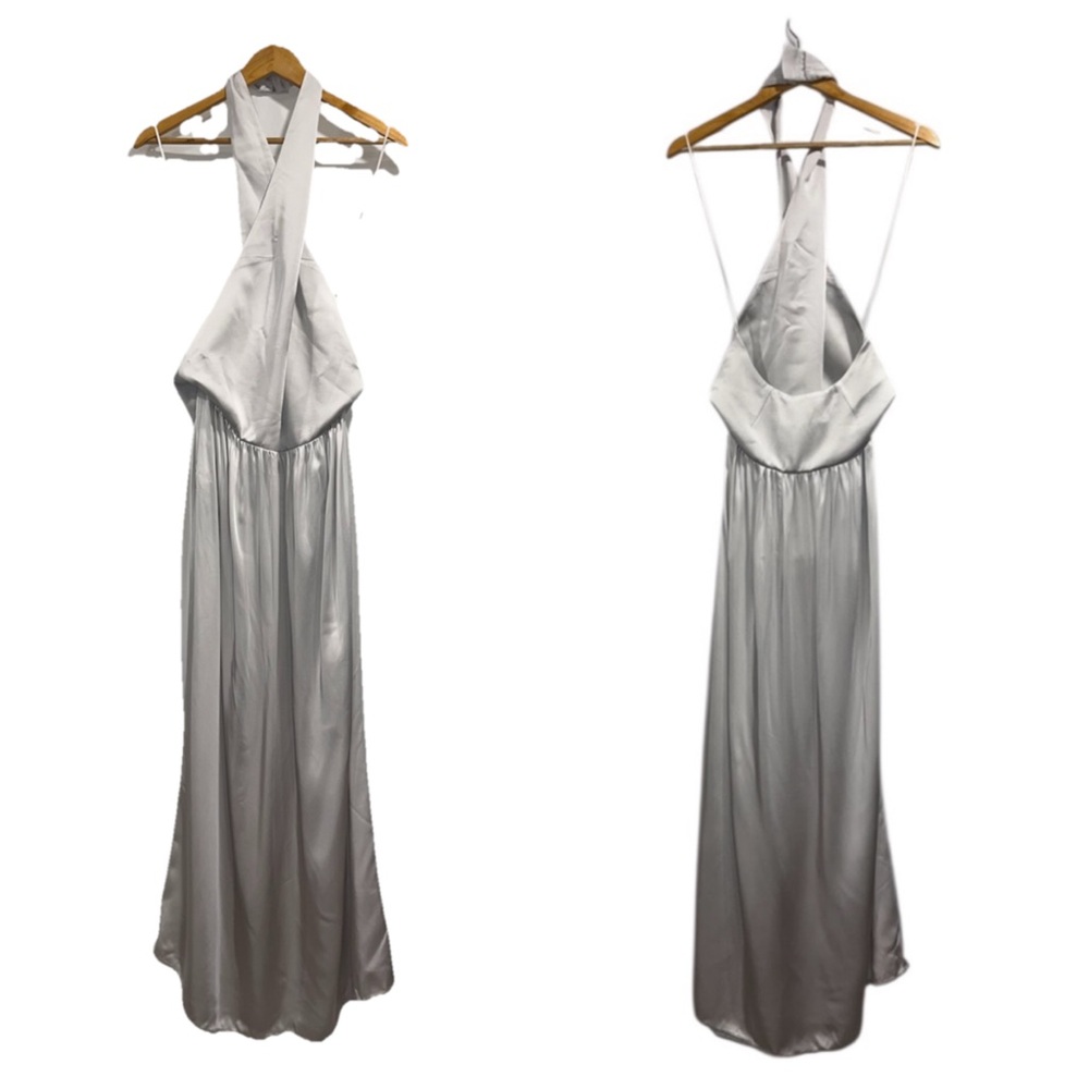 16Arlington Silver Satin V Neck Open Back Gown Evening Wedding US 6 NWT 🟡 - Picture 4 of 14